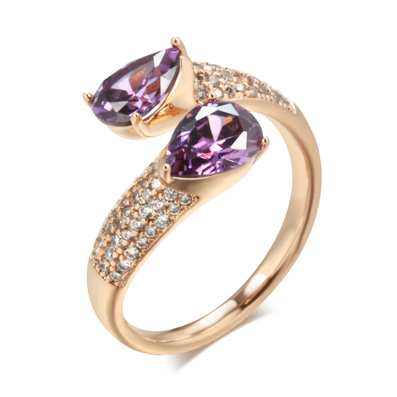 Kinel Hot Luxury Purple Natural Zircon Ring For Women 585 Rose Gold Color Open Ring Vintage Wedding Daily Fine Jewelry