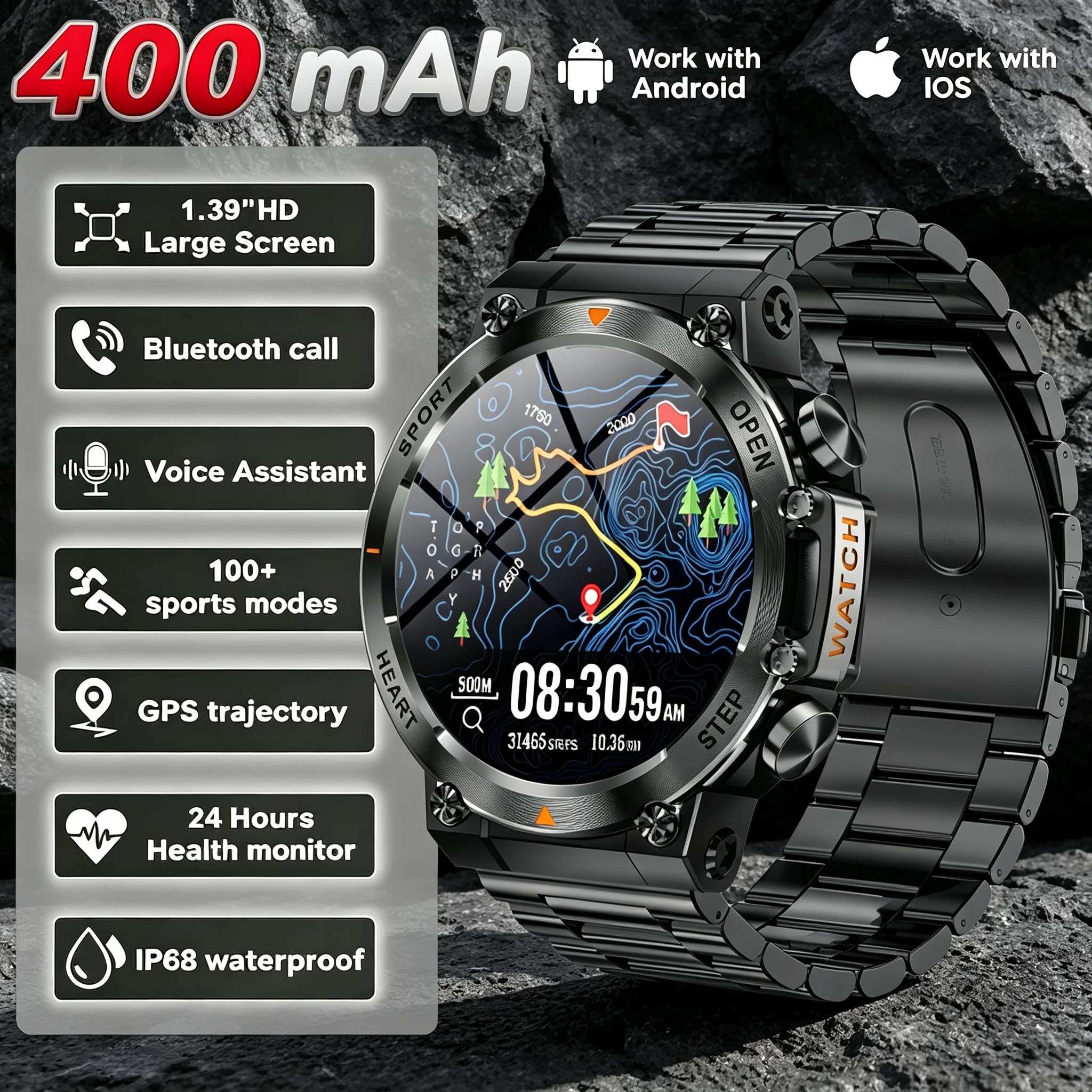 Smart Watch Bluetooth Call 1.39inch AMOLED Big Screen 400mAh Long Standby Health Monitoring Outdoor Sport Men Women Smartwatch