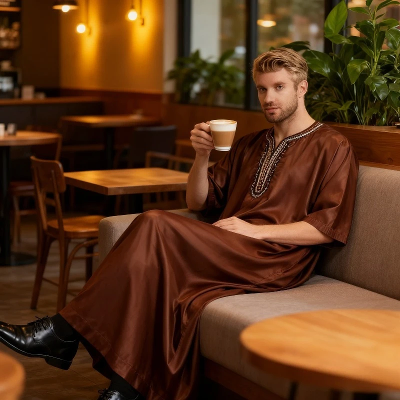 

Мужское мусульманское платье с длинными рукавами, Ближневосточная одежда в Саудовской Аравии, мужской Ближневосточный мужской атласный халат со средним рукавом и вышивкой