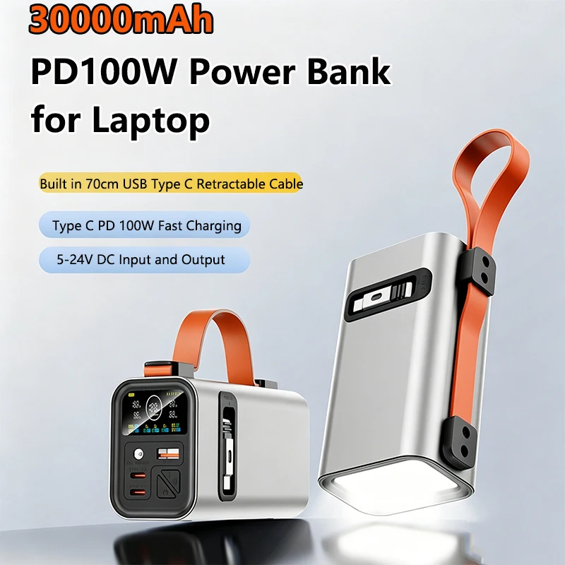 30000mAh Power Bank Retractable Type C Cable PD 100W Fast Charging External Battery for Laptop iPhone Samsung Xiaomi Powerbank