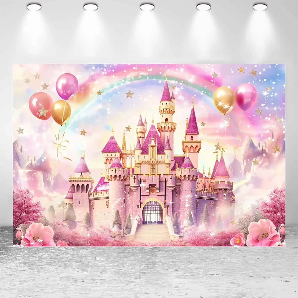 Mocsicka-Toile de fond pour la photographie, château rose, ballon arc-en-ciel, fond photo de princesse pour fille, décor de fête d\'anniversaire pour