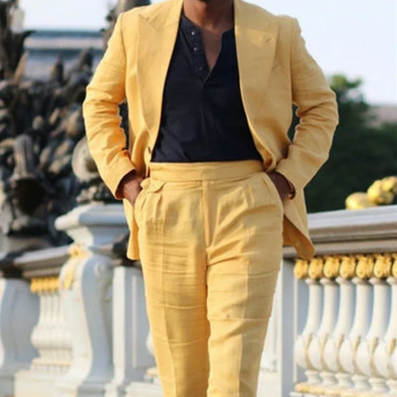 Setelan kasual pria, setelan 2 potong kostum Homme, jas kuning elegan, Blazer Slim Fit, Lapel puncak kasual, setelan pria kuning, Musim Panas 2024