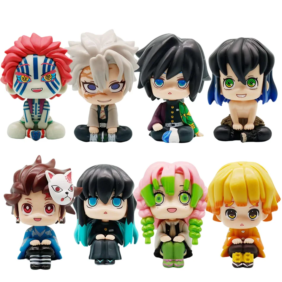 

10cm Demon Slayer Anime Figures Kamado Tanjiro Mitsuri Zenitsu Inosuke Giyuu Muichiro Sanemi Akaza Q Version Sitting Dolls
