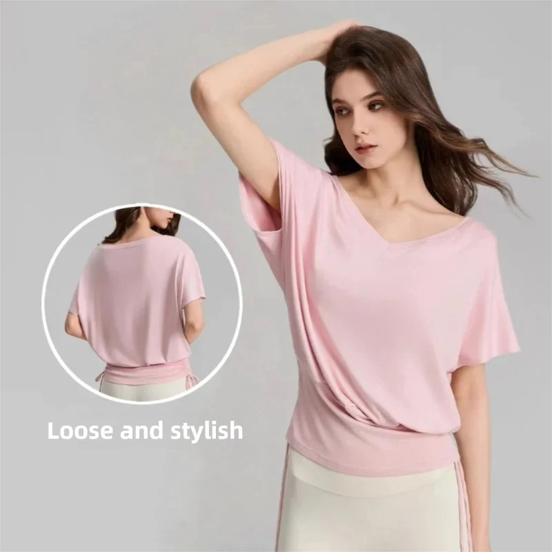 Women V Neck Batwing Sleeve Yoga Top Loose Fit Draped Lightweight Quick Dry Gym Activewear