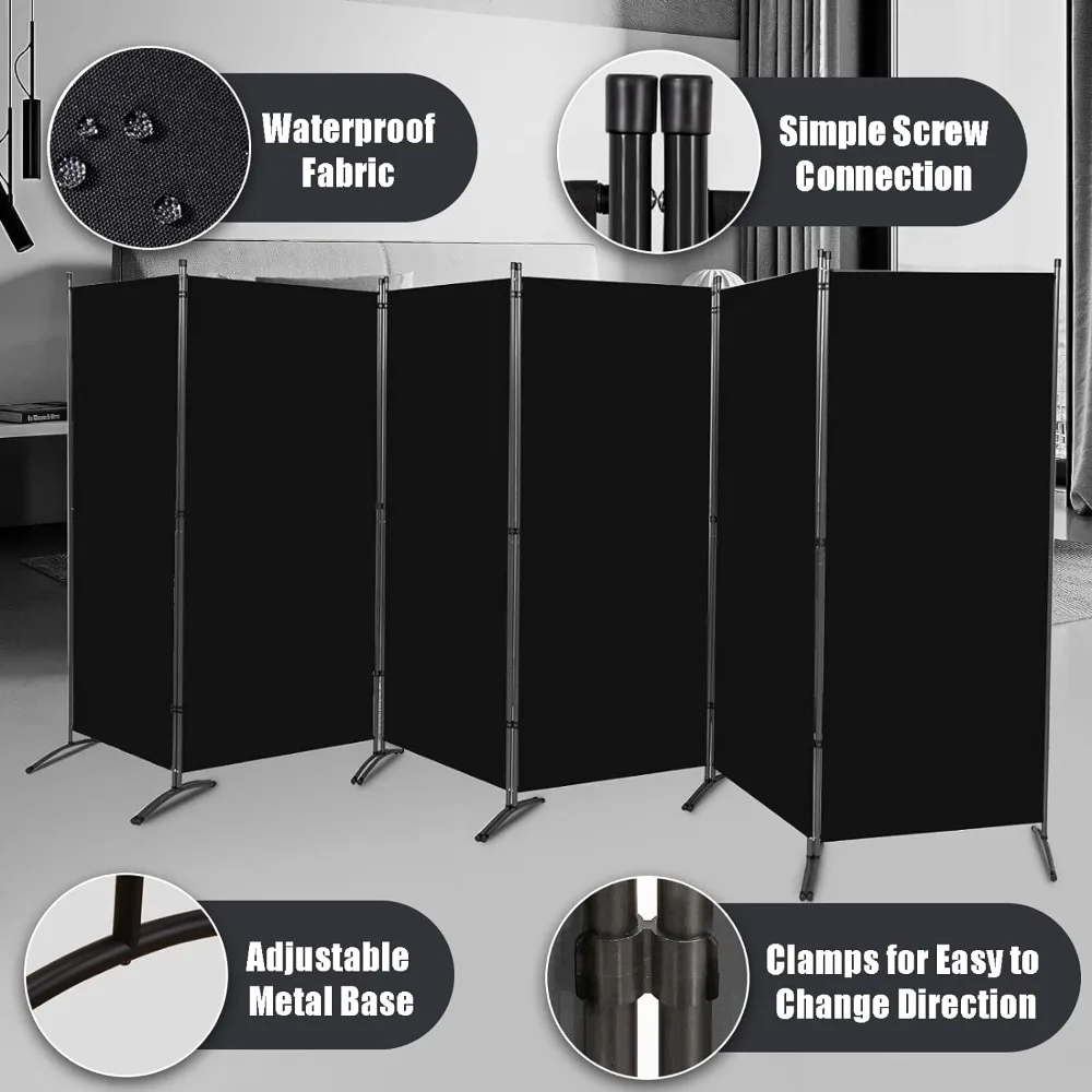 Room Divider-6 Panels Black Folding Privacy Screens, 6 ft Partition Room Dividers Wall for Separation, Home, Office, Classroom,