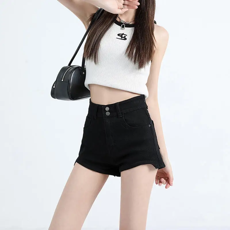 High Waist Double Buckle American Style Denim Shorts Women's Spring Summer New Slimming Design Spicy Girl A-Line Denim Shorts