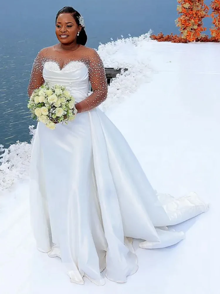 فساتين زفاف حورية البحر مطرزة مع ذيل قابل للانفصال فستان زفاف مقاس كبير رداء البوق الوهمي de mariage