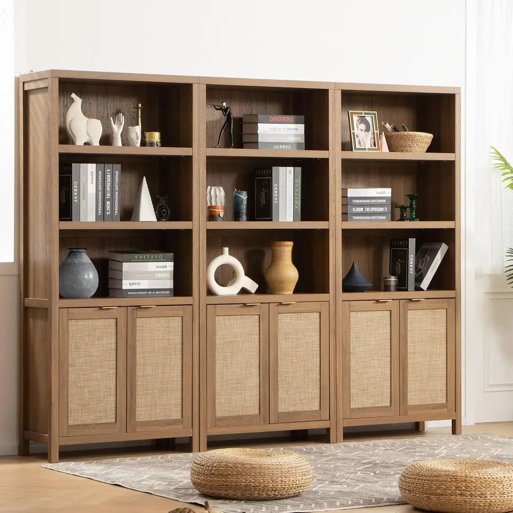 

Bookcase 71 Tall Bookshelf 5 Tier Rattan Boho Bookcase with Doors Storage Large Book Case Shelf Farmhouse Bookshelves Library B
