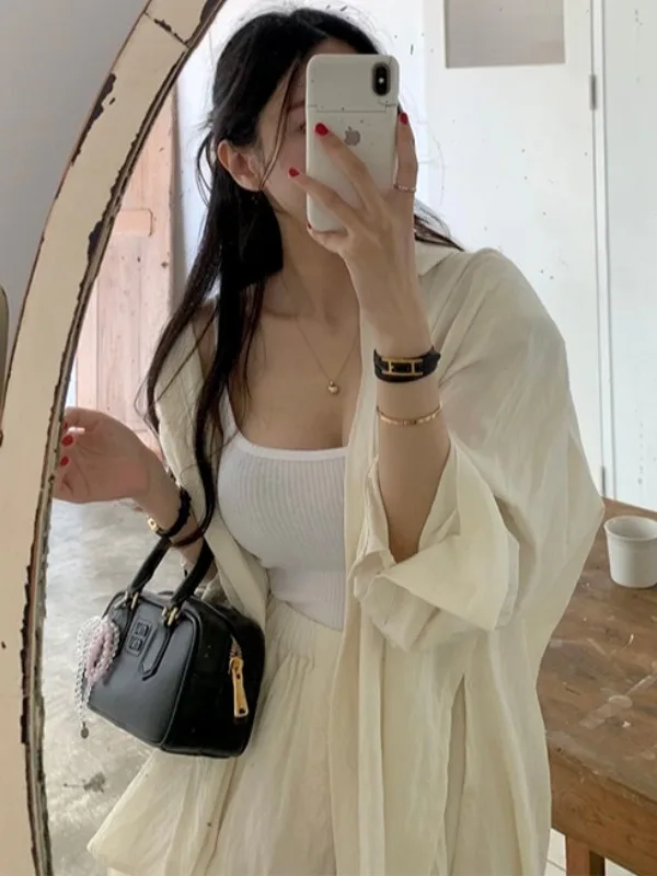 Sve Panjang Musim Panas yang Chic dengan Belahan Ba + Kaki Lebar Berikat Pinggang Tinggi Set Dua Potong Desain Unik Yang Dapat Diikat