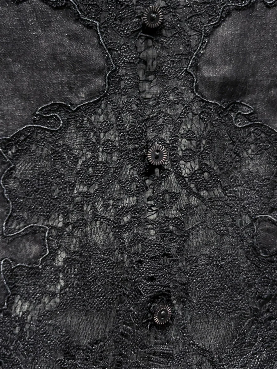 Women's White or Black Shirt Puff Sleeve Single Breasted Lace V-Neck Shirt Tops Summer