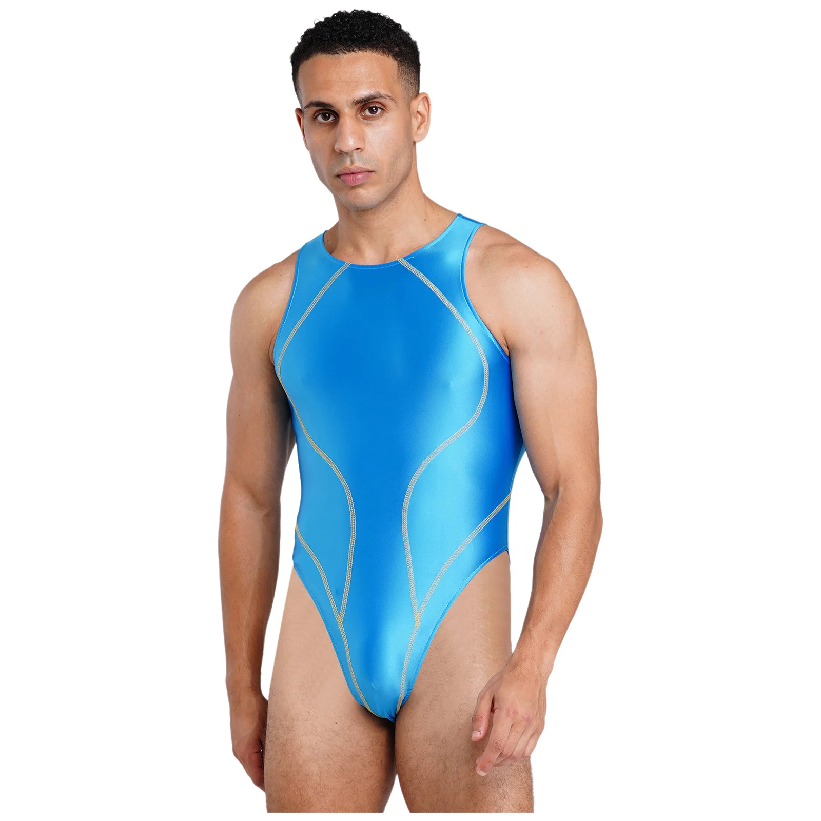 Herren-Lingerie Ölglänzender Einteiliger Badeanzug Farbblock-Nähte Ärmellos Hochgeschnittener Bodysuit Bademode – Detail 12