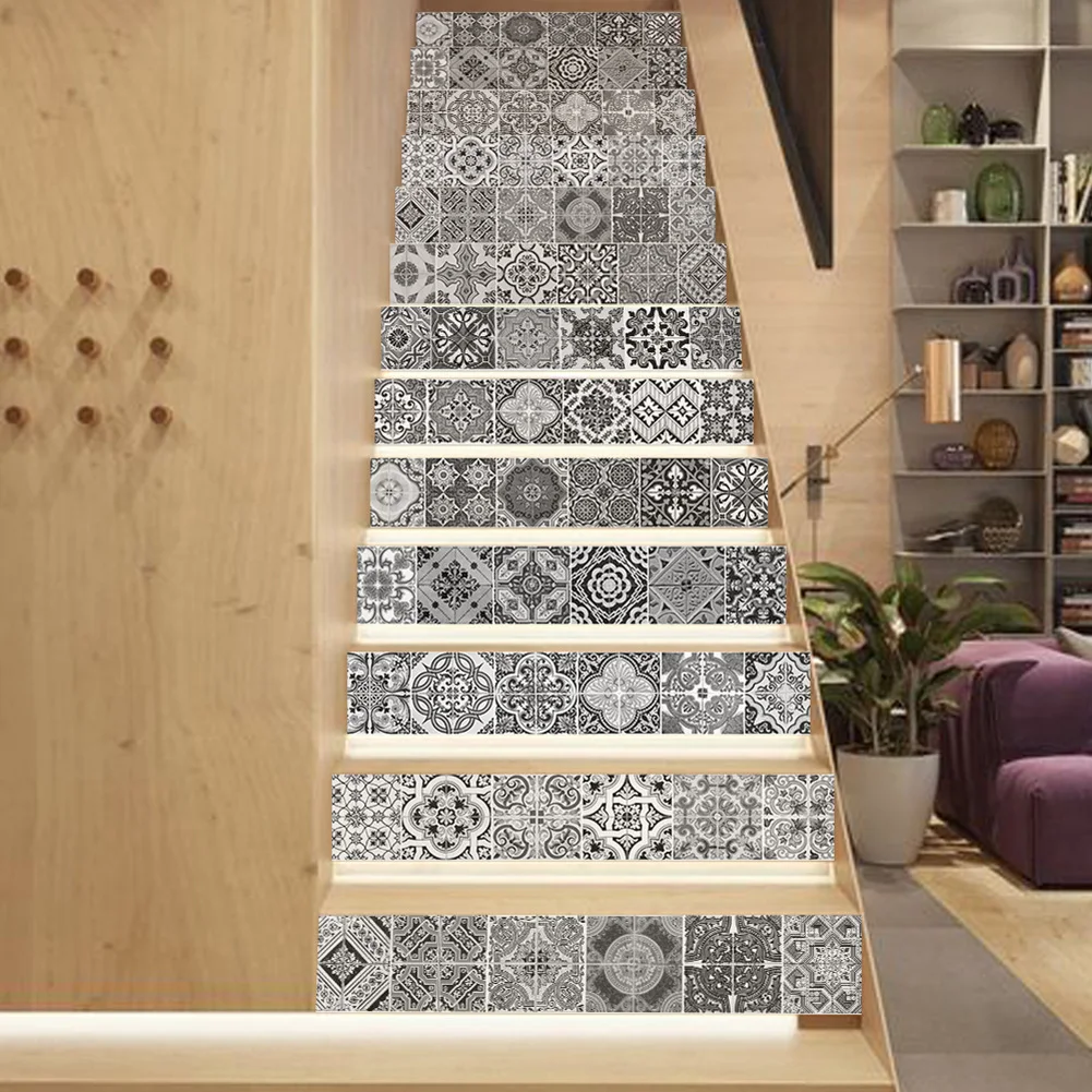 Vinyl Stair Mural Decals Featuring 3D Ceramic Tile Texture for Modern Stairway Enhancement in Home Environments