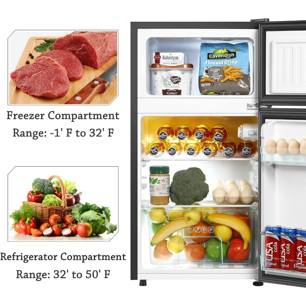 Mini refrigerador de 3,2 pies cúbicos con congelador, refrigerador compacto de 2 puertas con poco ruido, para dormitorio, sala de estar, dormitorio, cocina, oficina