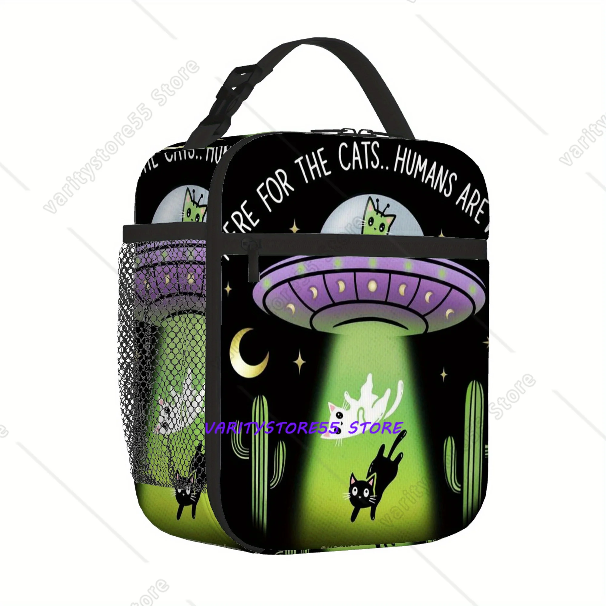 Alien Cats in Desert Scene Printed Lunch Bag Warm Cooler Insulated Lunch Box for Women Kids School Food Portable Tote Bags