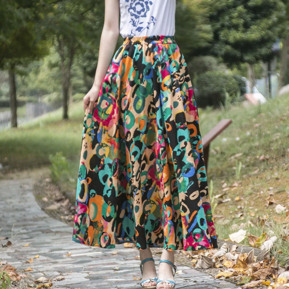 TIYIHAILEY Free Shipping 2022 New Fashion Long Maxi A-line Elastic Waist Women Cotton And Linen Spring Summer Printed Skirt