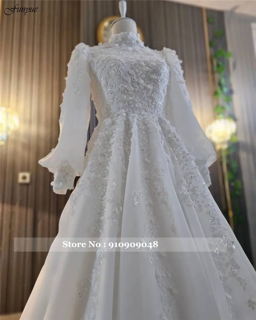 Funyue France Lace Muslim Plus Size Wedding Dresses for Bride Full Sleeve High Neck A-Line Dubai Bridal Gowns Vestido De Novia