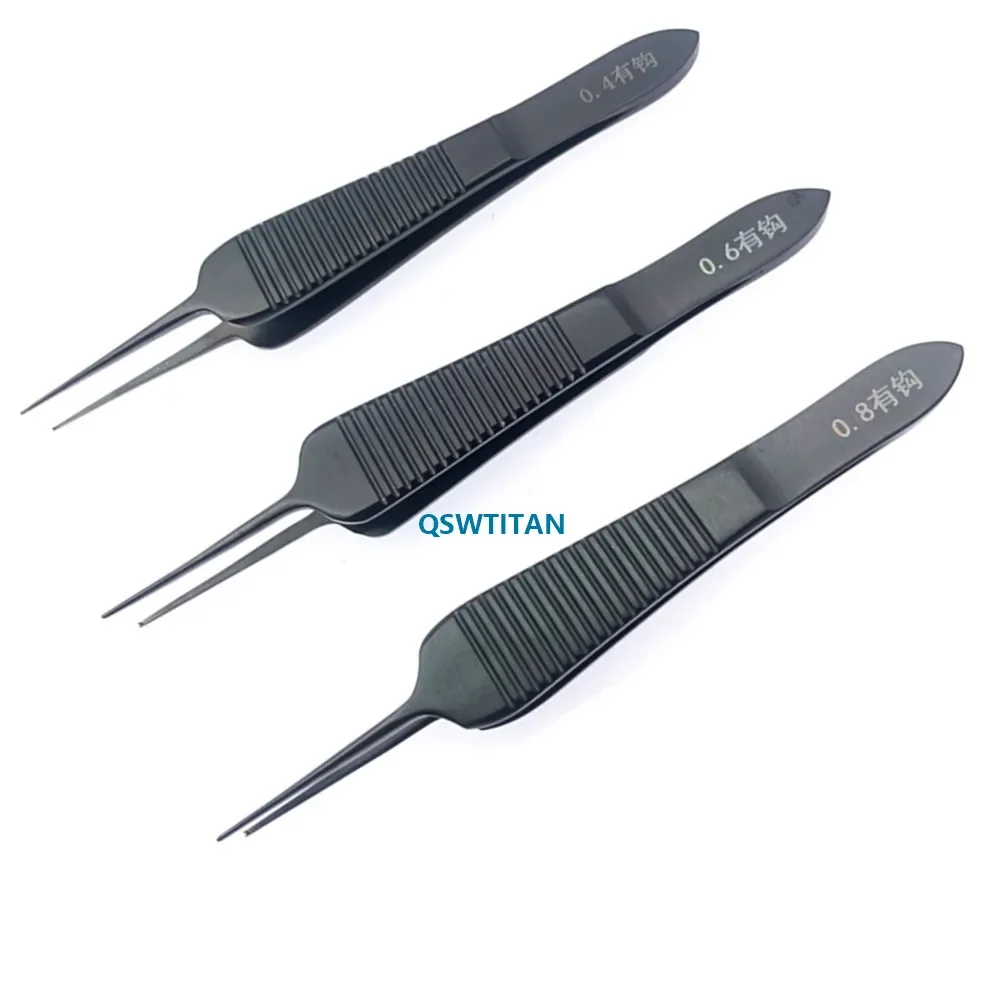 Ophthalmic Surgical Toothed Tissue Forceps: 0.4mm/0.6mm/0.8mm Stainless Steel with Black Handle