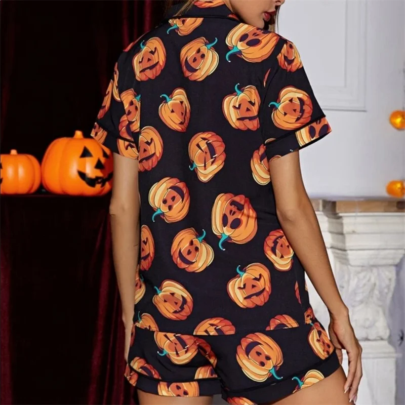 2024 Halloween Silk Satin Pajamas Set for Women Pumpkin Print Button up T-Shirt and Elastic Shorts for Loungewear Soft Sleepwear