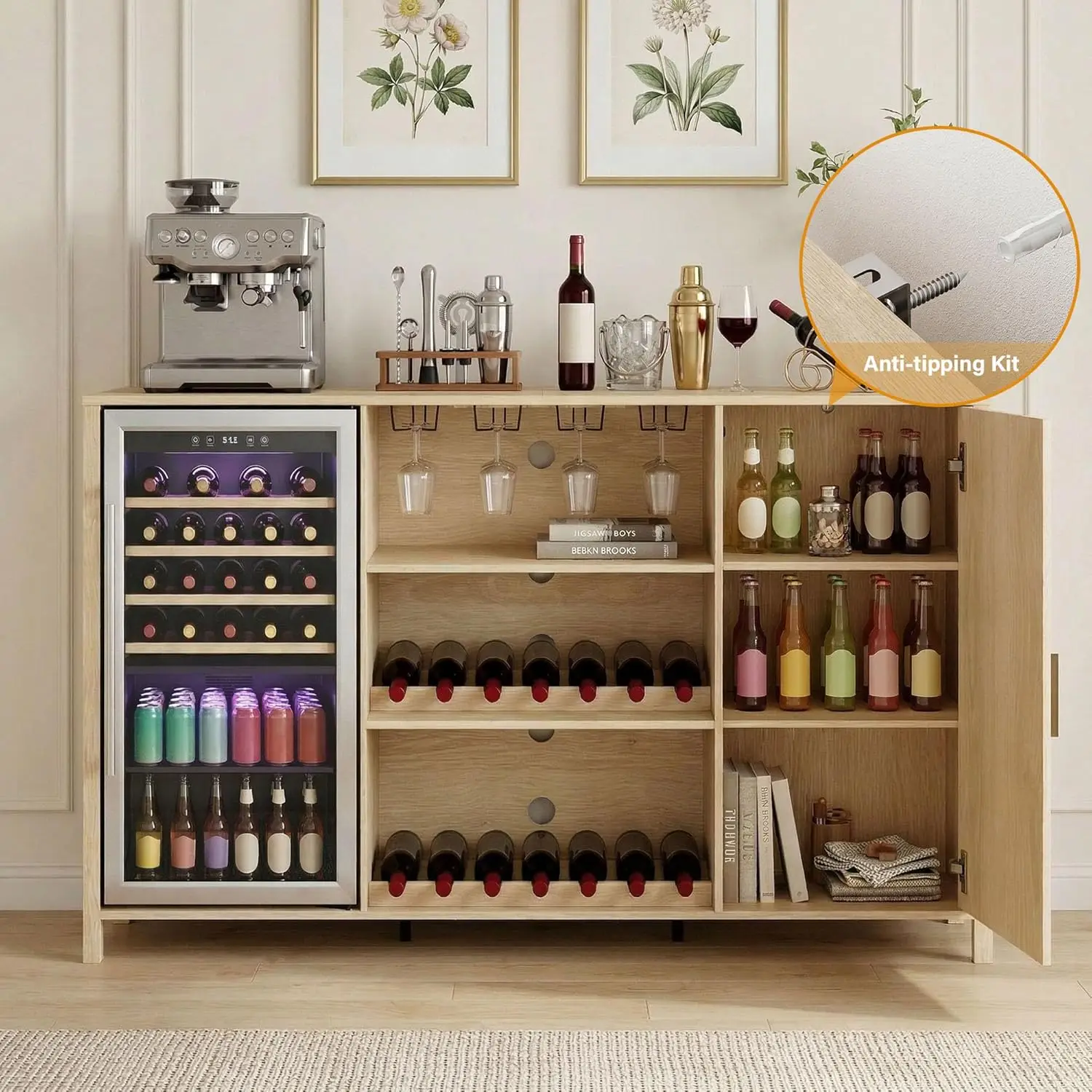 

70" Coffee Bar Cabinet Outlet Adjustable Shelf Wine Rack Glass Holder Oak Buffet Sideboard Kitchen Dining Room, Custom