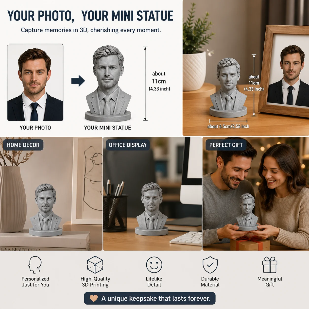 Personalized 3D Photo Head Bust, Custom Realistic Resin Head Statue, Customized Portrait Sculpture Keepsake Gift for Family Anni