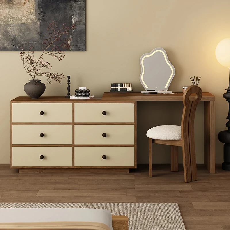 

Light Retro Solid Wood Dresser Modern Minimalist Bedroom Makeup Table Chest of Drawers Retractable Bed Front Cabinet Integrated