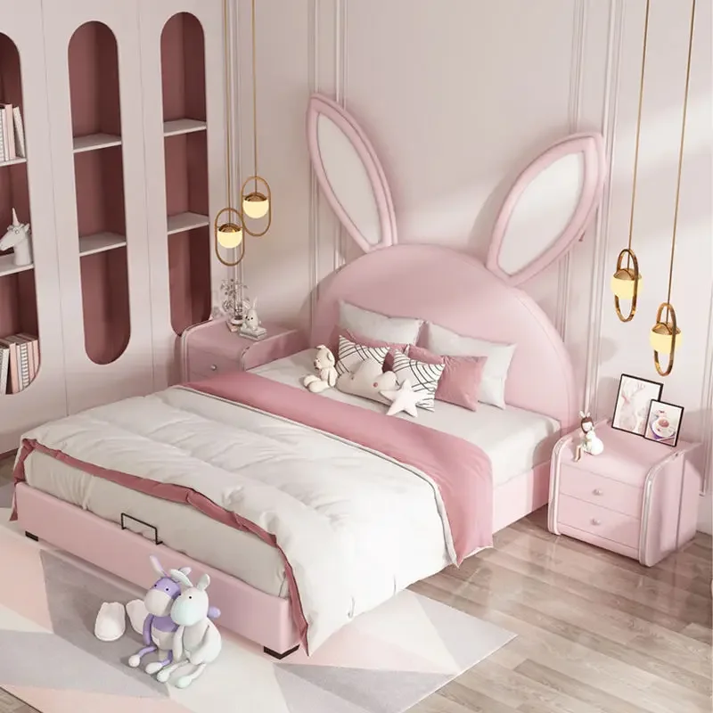 2026 Children Rabbit New Design Bed Girls Princess pink Boy Lovely Double Kids Bed Bedroom Furniture Set