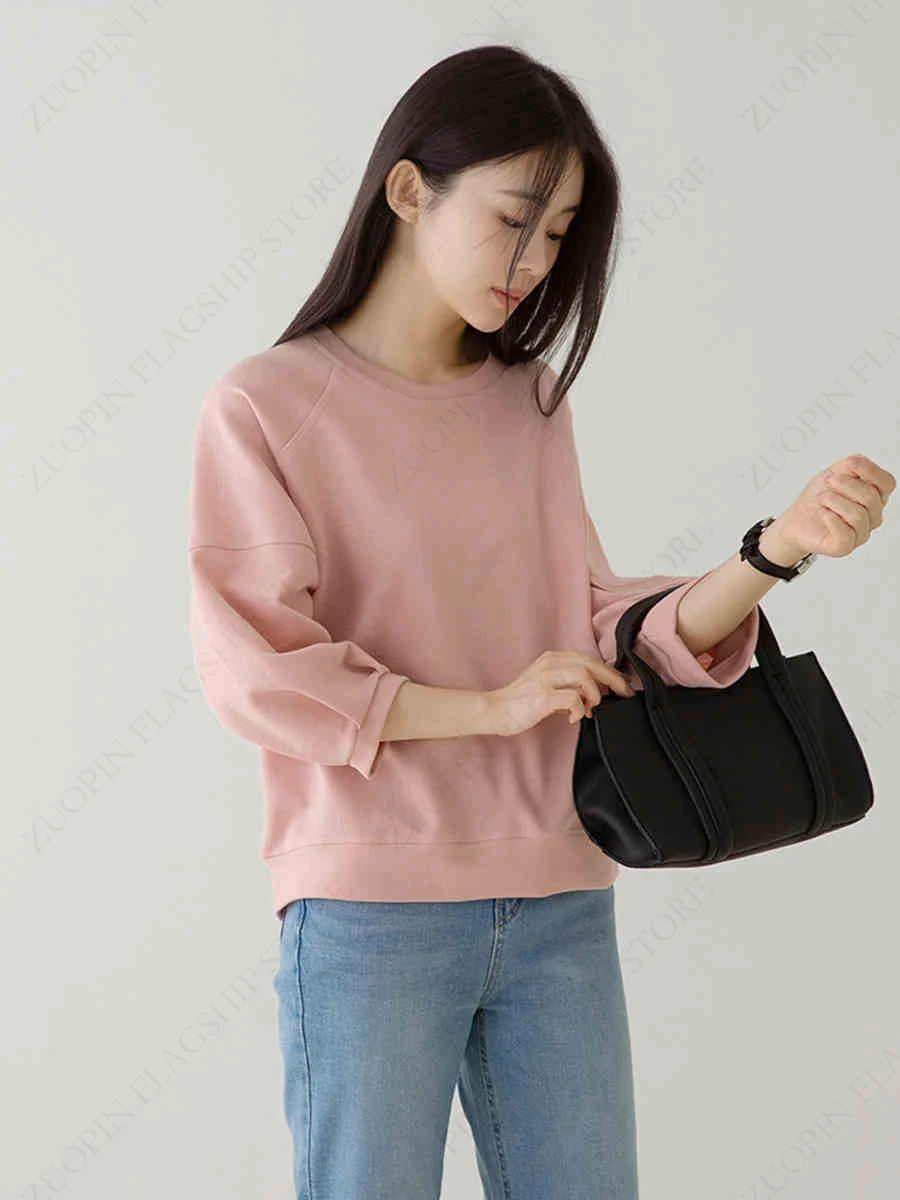 2024 Autumn New Niche Design Western Style Short Sweatshirt Pure Cotton Mid-Sleeve T-Shirt Women's Top Three-quarter Sleeve