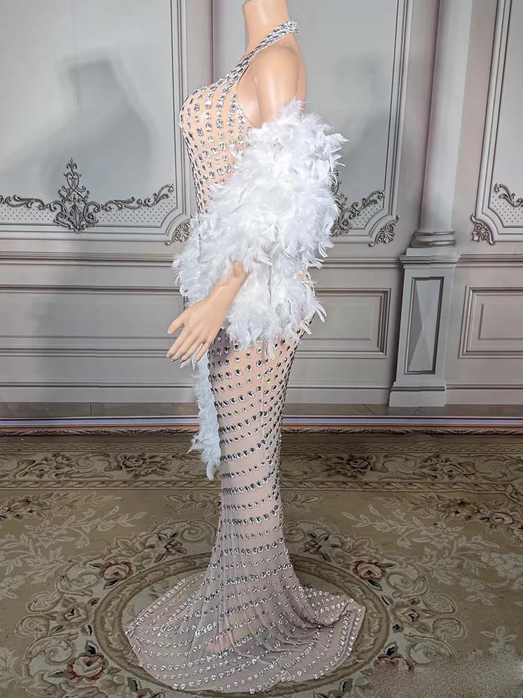High Quality Rhinestone Sexy Neck Hanging Elastic Dress+Feather Shawl 2025 New Fashionable Custom Women'S Clothing