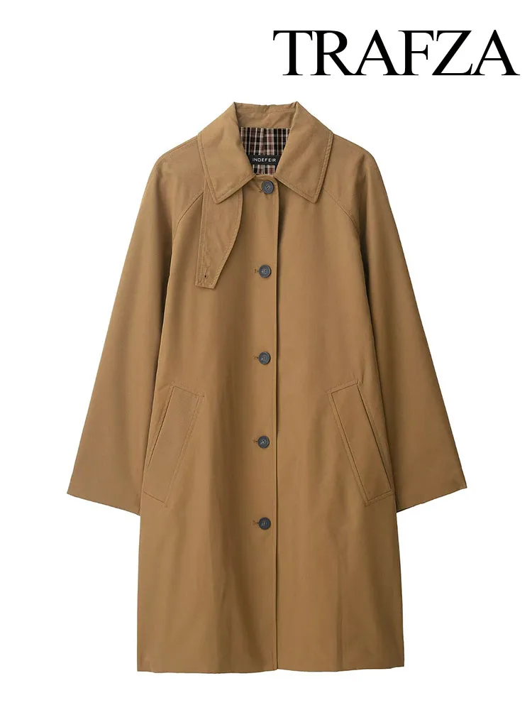 

TRAFZA Autumn Woman New Fashion Street Style Casual Loose Coat Women Lapel Single-Breasted Side Pocket Design Brown Overcoat