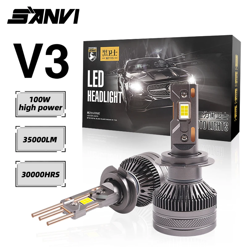 

SANVI H1 H4 H7 H8 H11 9005/HB3 9006/HB4 Автоматический светодиодный налобный фонарь 35000LM 100W 6000K Plug and Play с чипами 4775 Три тепловых трубки