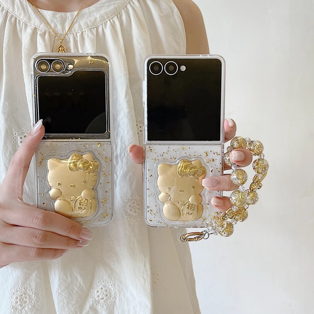 

Sanrio Hello Kitty Bling Glitter Gold Милый мультяшный чехол для телефона Samsung Galaxy Z Flip 7 6 5 4 3 Жесткий чехол со шнурком