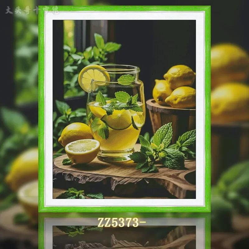 [ZZ5373-Mint Lemonade] 11CT 14CT 16CT DIY Stamped Cross Stitch Kit with Printed Canvas and Cotton Threads Embroidery Needlework