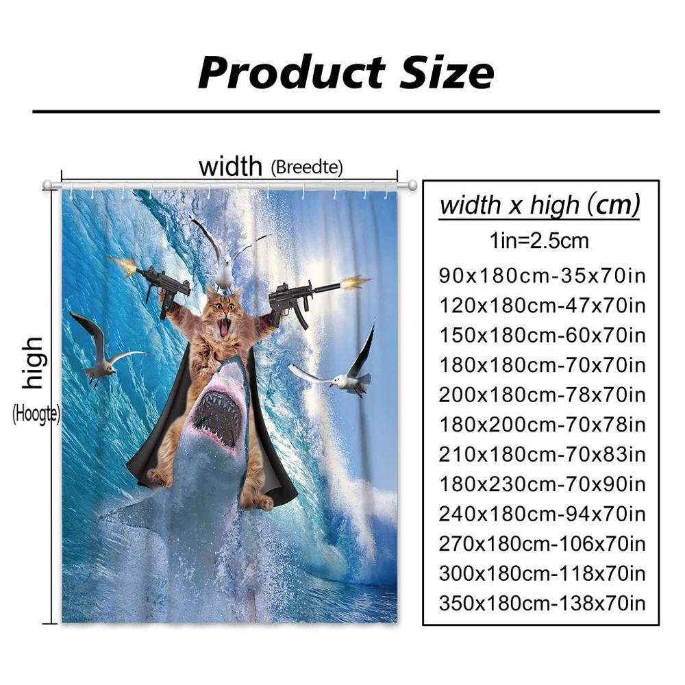 Funny Shower Curtain Cute Sea Cat Riding Shark Whale  Cartoon Animal Creativity Kids Bathroom Decor Polyester Fabric Cloth Hooks