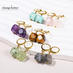 Change Better Natural Yellow Tiger Eye Amethyst Faceted Square Ore Stone Stainless Steel Earring Women Healing Drop Earring Gift