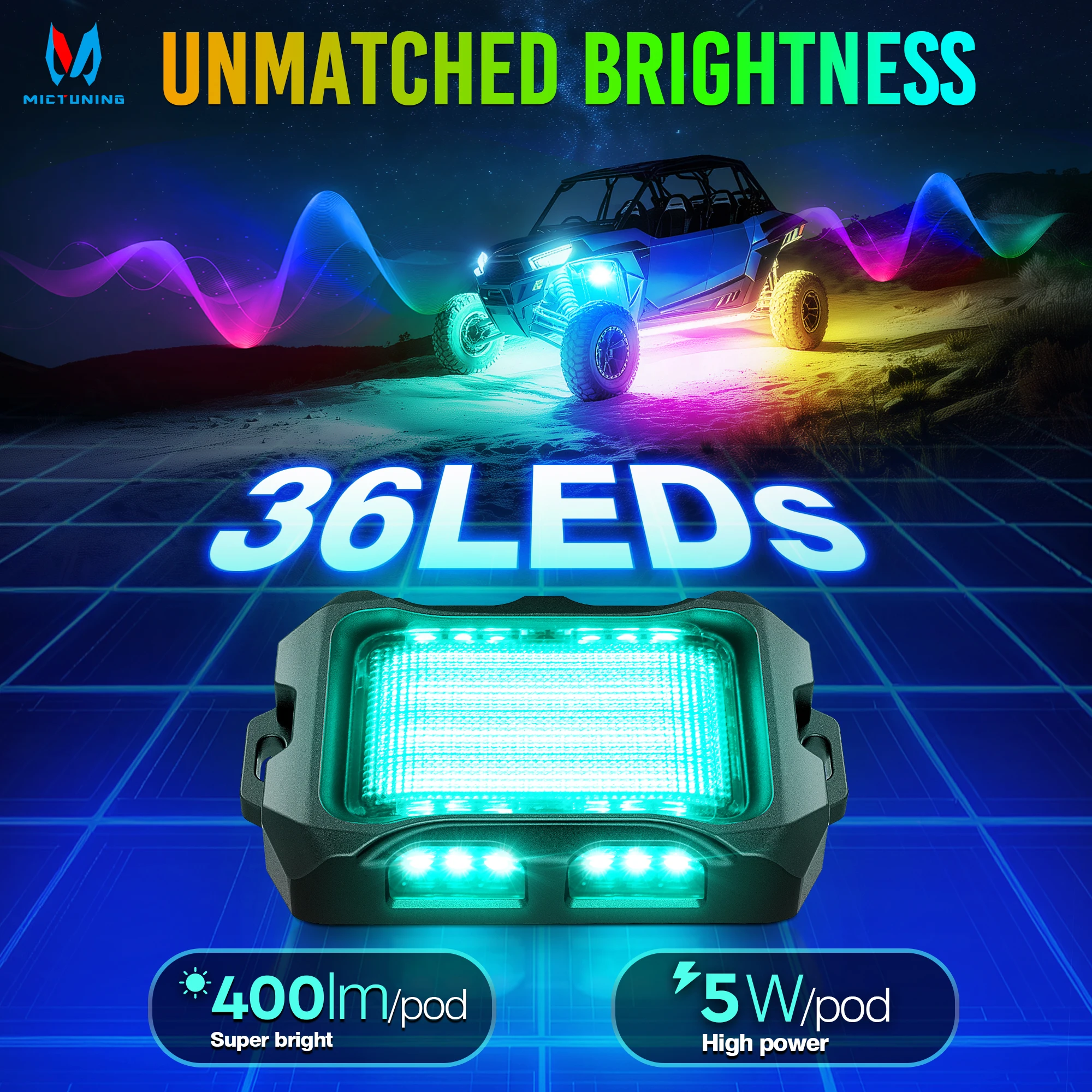 MICTUNING Q2 MAX RGB+IC Rock Lights,12 Pods Multi-Color DIY Effect Underglow Neon Kit,Extensible Up to 20 Pods with APP Control