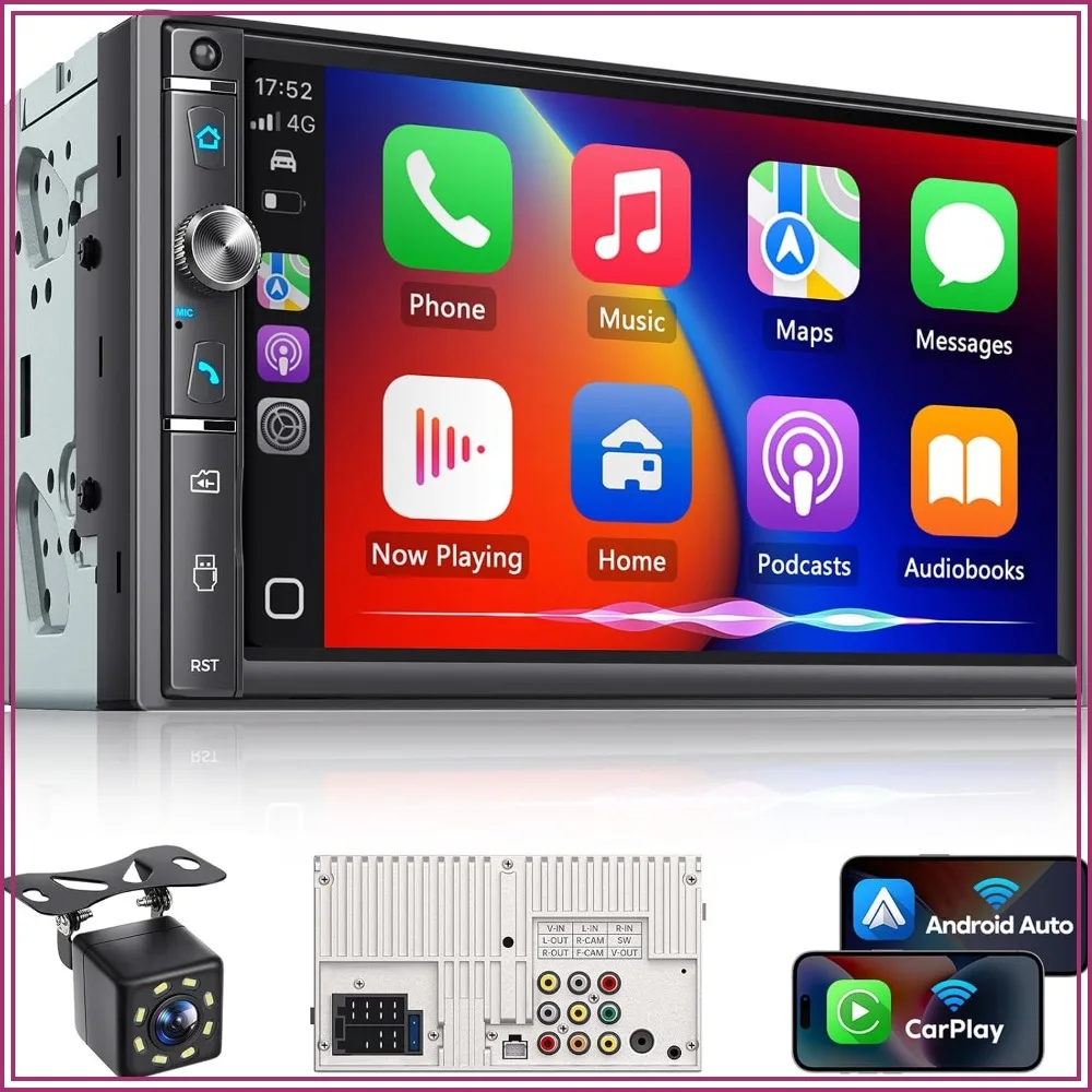 

Double Din Car Stereo 7" HD Touchscreen, Wireless Apple Carplay & Android Auto, Bluetooth, 240W, Subwoofer Output, Backup Camera