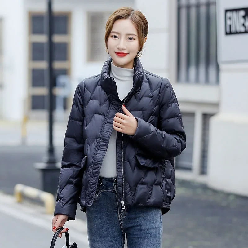 Thin and Light White Duck Down Coats Women Solid Colors Stand Collar Loose Short Warm Jackets New Spring Autumn Comfort Outwears