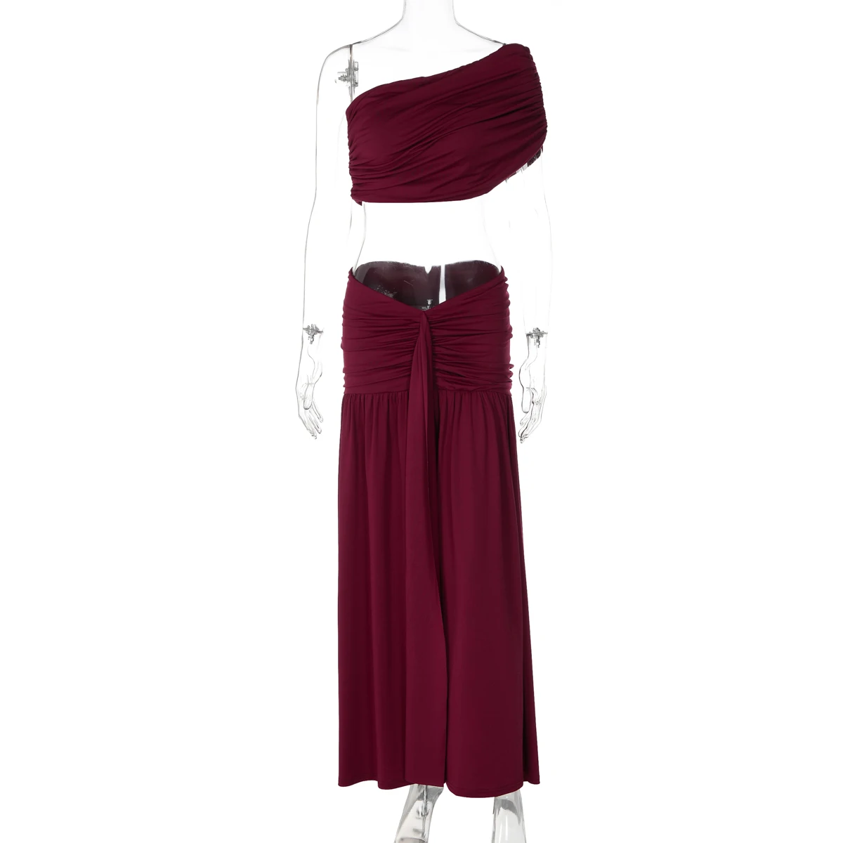 Hugcitar Modische geraffte 2-teilige Sets mit schrägem Kragen, sexy Crop-Tank-Top, Patchwork, plissierter Maxirock, weibliche Strand- und Urlaubsoutfits – Detail 2