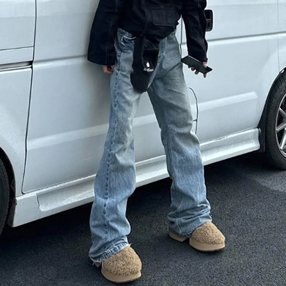 

Уличная одежда, винтажные однотонные джинсы, мужские прямые мешковатые брюки-клеш Y2K, унисекс, повседневные джинсовые брюки большого размера