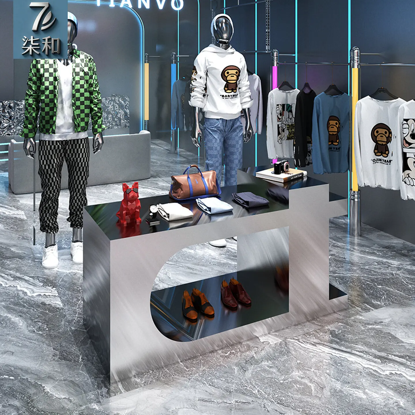Clothing store island platform, merchandise display rack, shoe bag display table, stainless steel silver brushed display table