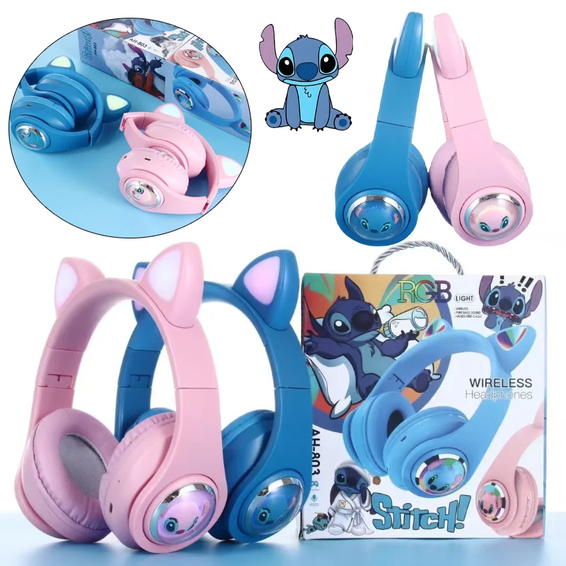 

Disney Stitch Wireless Bluetooth Headphones Cute Cat Ear Foldable Sound Stereo Earphones Children Sports Game Headset Gifts