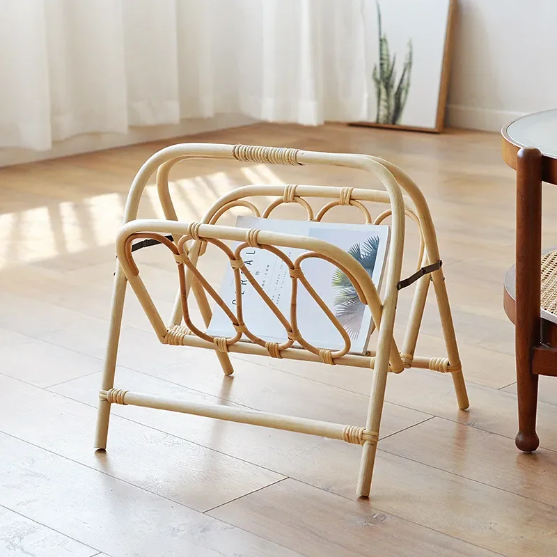 Handwoven Rattan Magazine Rack Small Folding Bookshelf Indonesian Natural Floor Newspaper Storage Stand for Living Room Decor