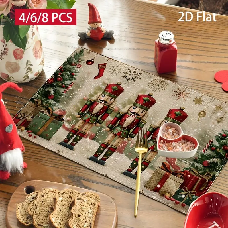 VIKAMA 2/4/6pcs Xmas Nutcracker Tree Gift Snowflake Placemats Anti Slip Heatproof Table Pads Christmas Dinner Table Home Decor