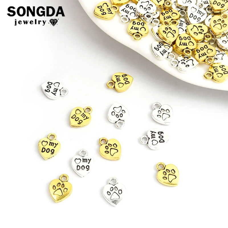 20Pcs Cute Pet Hond Poten Hart Vorm Lichtmetalen Charms Liefde Mijn Hond Zilver Goud Kleur Oorbellen Hangers Diy Kettingen accessoires Geschenken