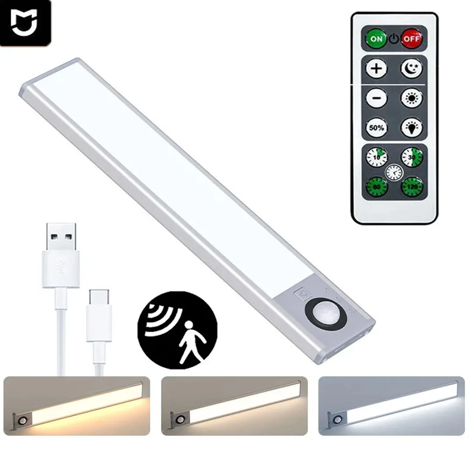 Xiaomi Night Light Motion Sensor Thin LED USB 3 Colors Timing Remote Control Rechargeable Kitchen Lamp For Bedroom Wardrobe