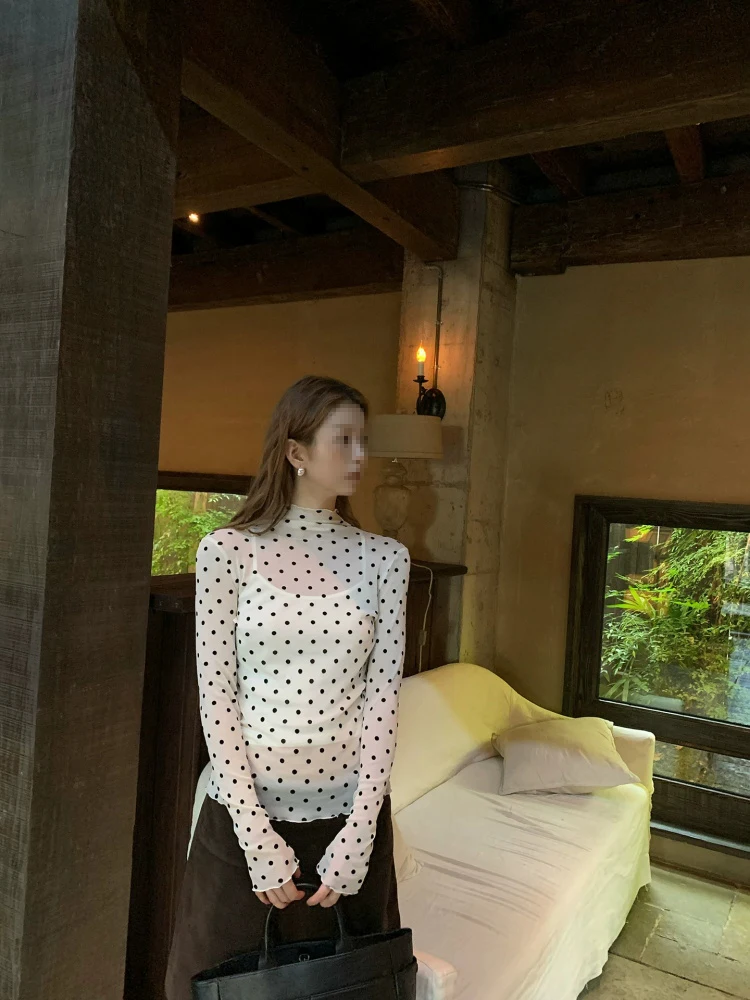 Skin-friendly Polka Dot Mesh T-shirt Layering Atmosphere Sensation Long Sleeve High Waist Commute Style Korean Version