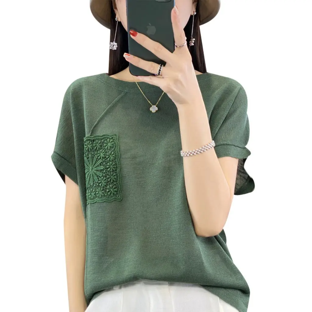 

Women's Summer Light Luxury Bamboo Cotton Linen Blend Short-Sleeved T-Shirt Loose Fit Breathable round Neck Knitted Sweater