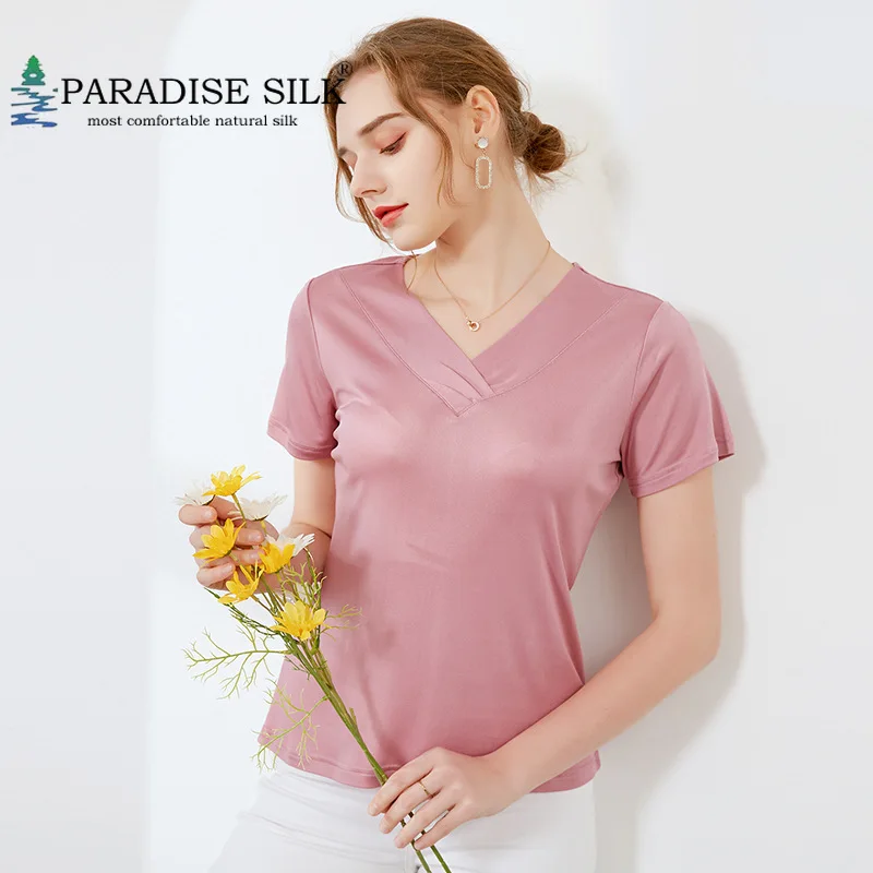 

Women Short Sleeve Natural Silk Knit Short Sleeve T-shirt V-neck Short-sleeved Overlapped Collar Solid Color Size L XL XXL XXXL