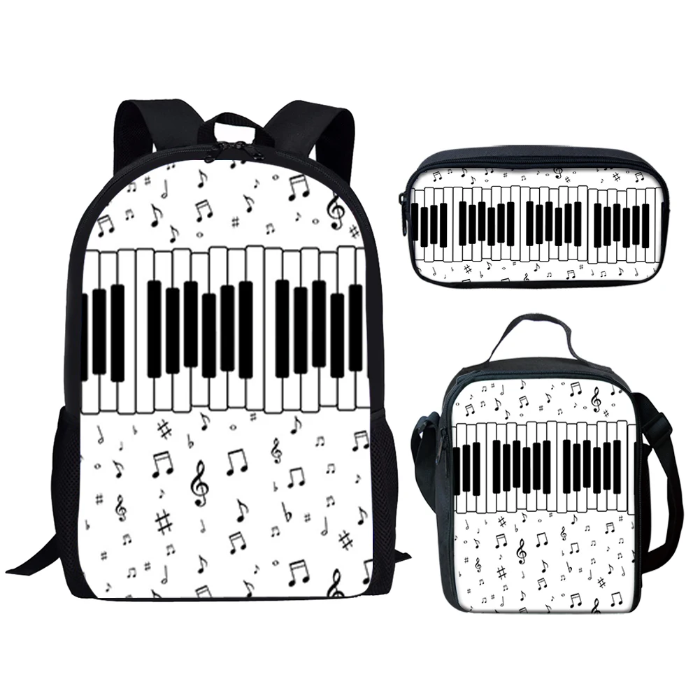 Cartoon Popular Piano Keyboard Music Notes 3D Print 3pcs/Set Student School Bags Laptop Daypack Backpack Lunch bag Pencil Case