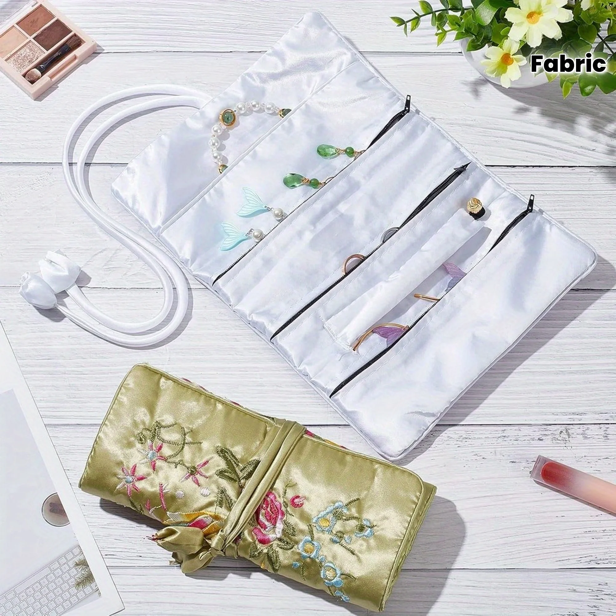 Gestickter Reise-Schmuckrollen-Organizer mit Krawattenverschluss – Tasche mit Blumenmuster für die Aufbewahrung von Ringen, Halsketten, Ohrringen und Armbändern